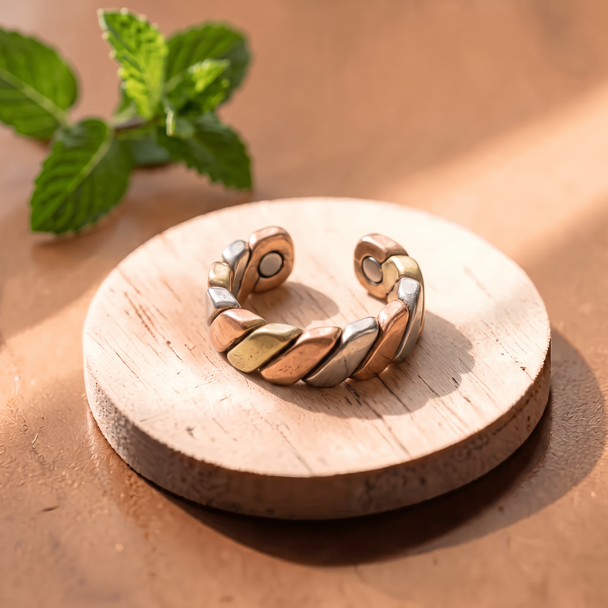Ella's Evora tri-metal copper ring on a wooden disc