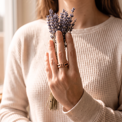 Oriana copper ring worn on the finger, holding dried lavender