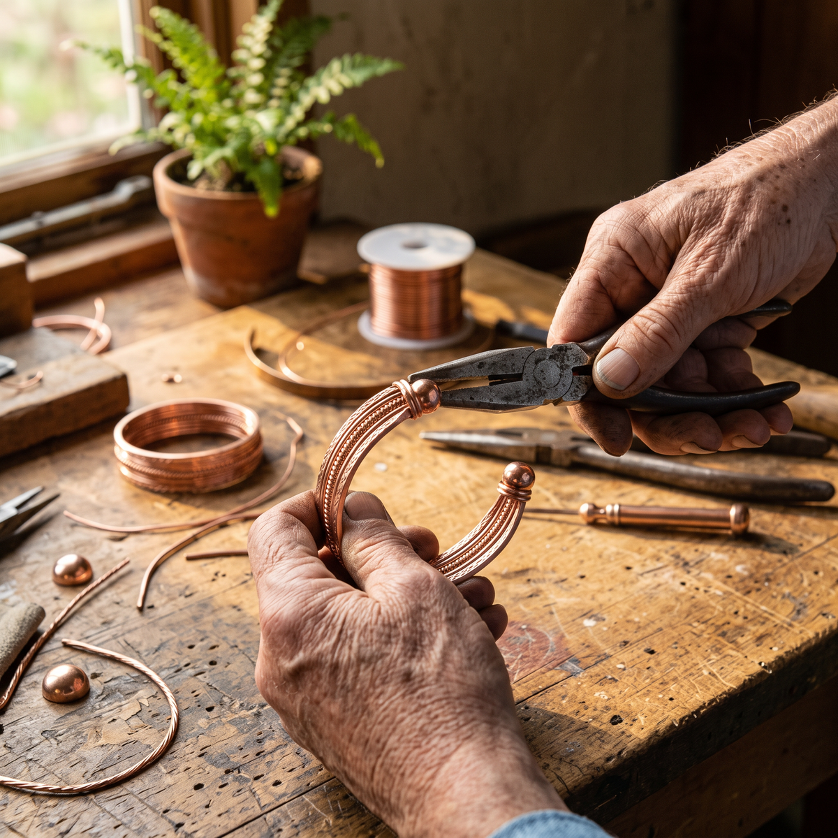 Ivory copper cuff being handcrafted