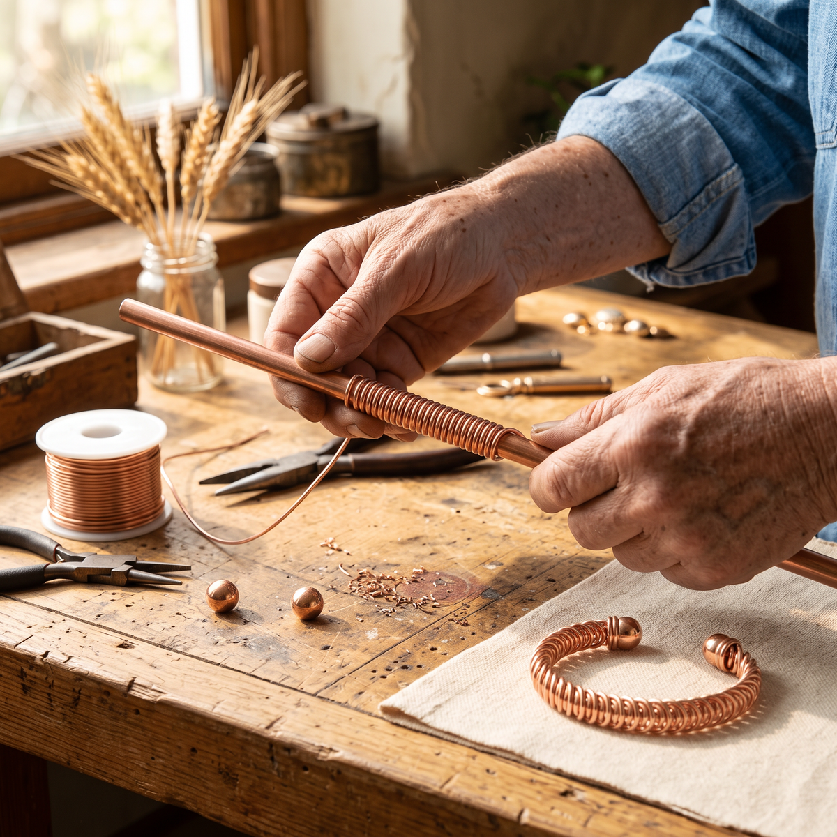 Calista copper wire being hand-coiled