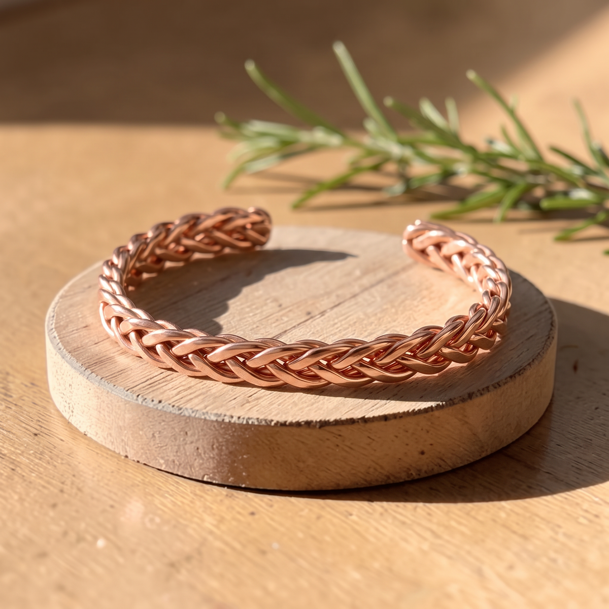 Ella's Clay braided copper cuff on a wooden disc