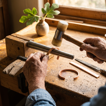 Frost copper cuff being shaped by hand on a mandrel
