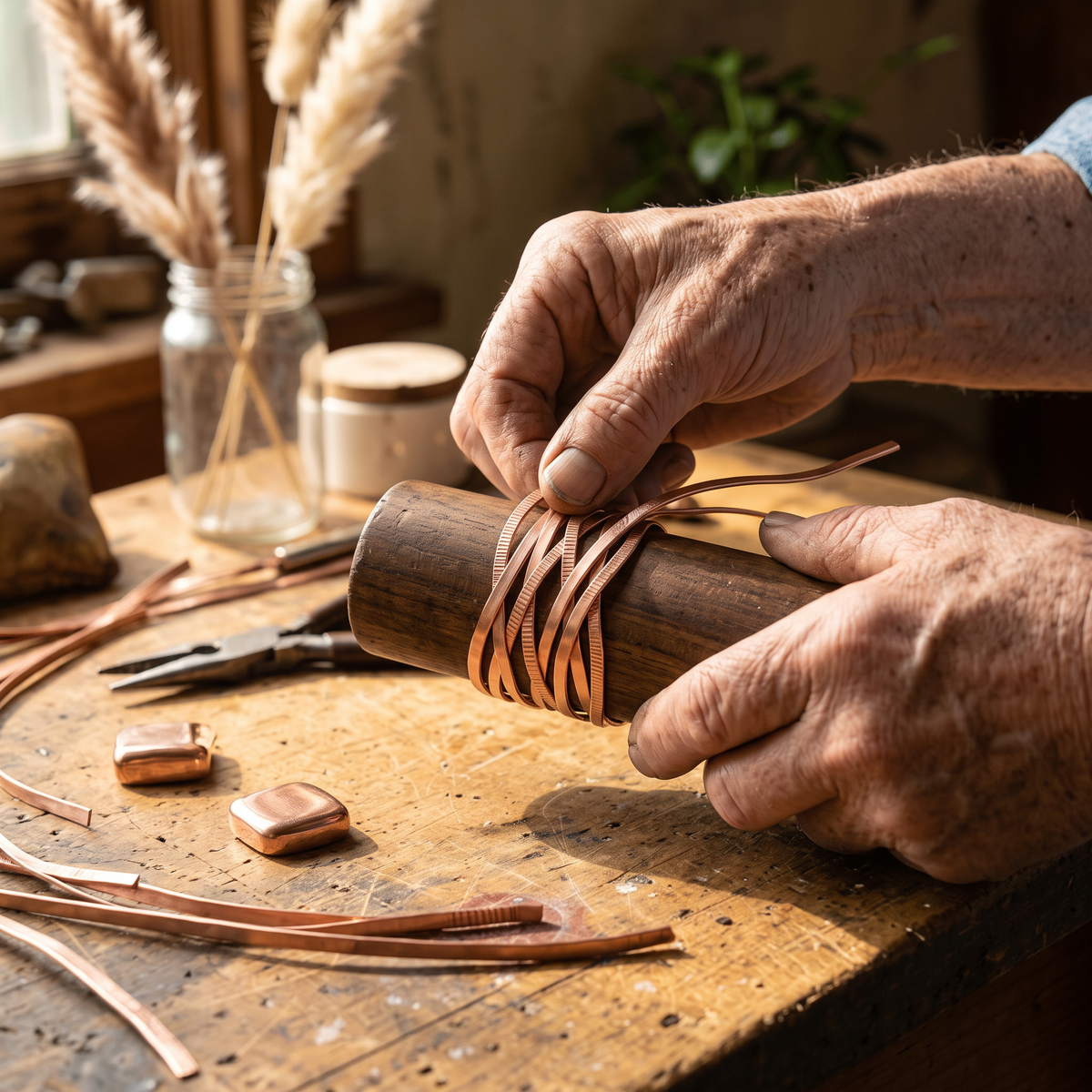 Wind copper strands being hand-woven