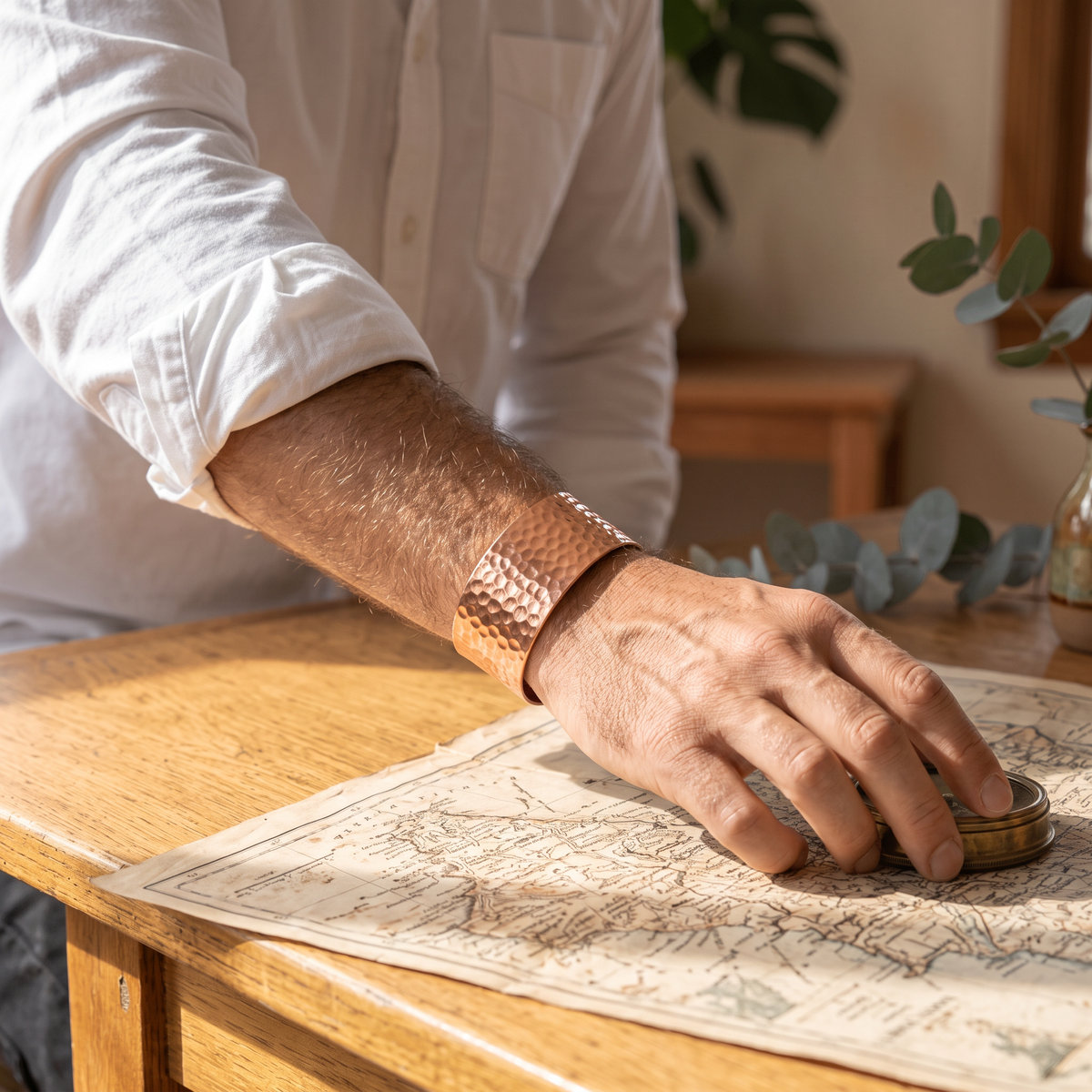 Ocean copper cuff worn by a man