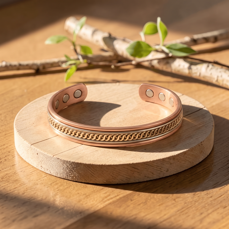 Ella's Bloomon copper cuff on a wooden disc