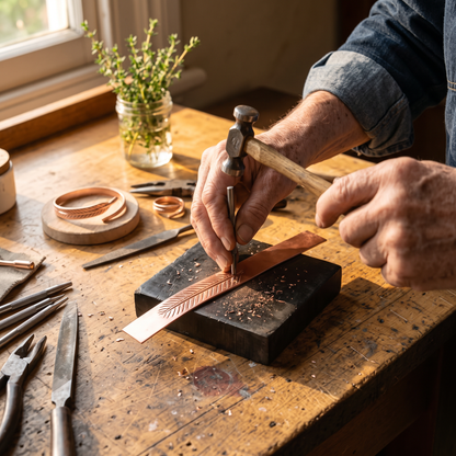 Feather pattern being hand-chased into copper
