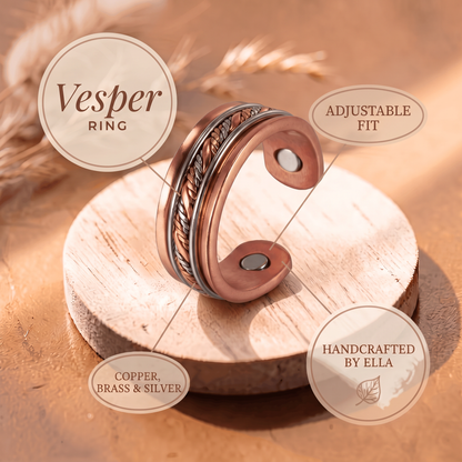 Vesper ring features: adjustable fit, copper, brass & silver, handcrafted by Ella