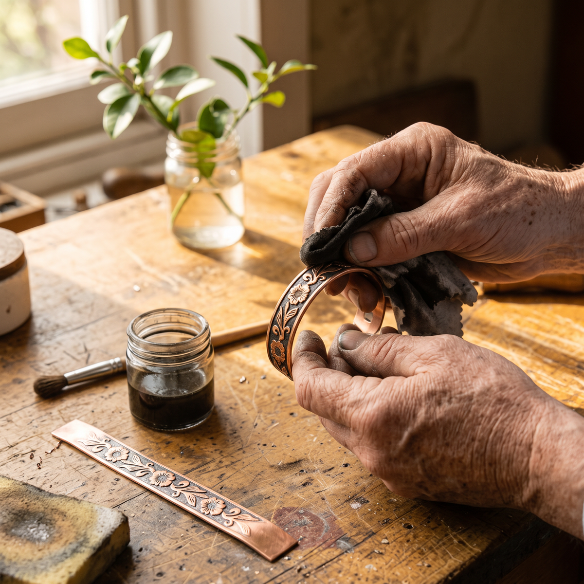 Eos copper cuff being hand-polished