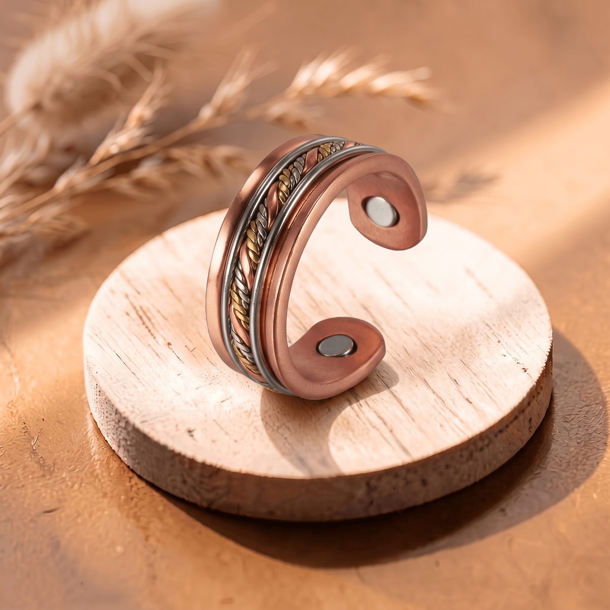 Ella's Vesper copper ring with silver wires and twisted copper, gold and silver rope