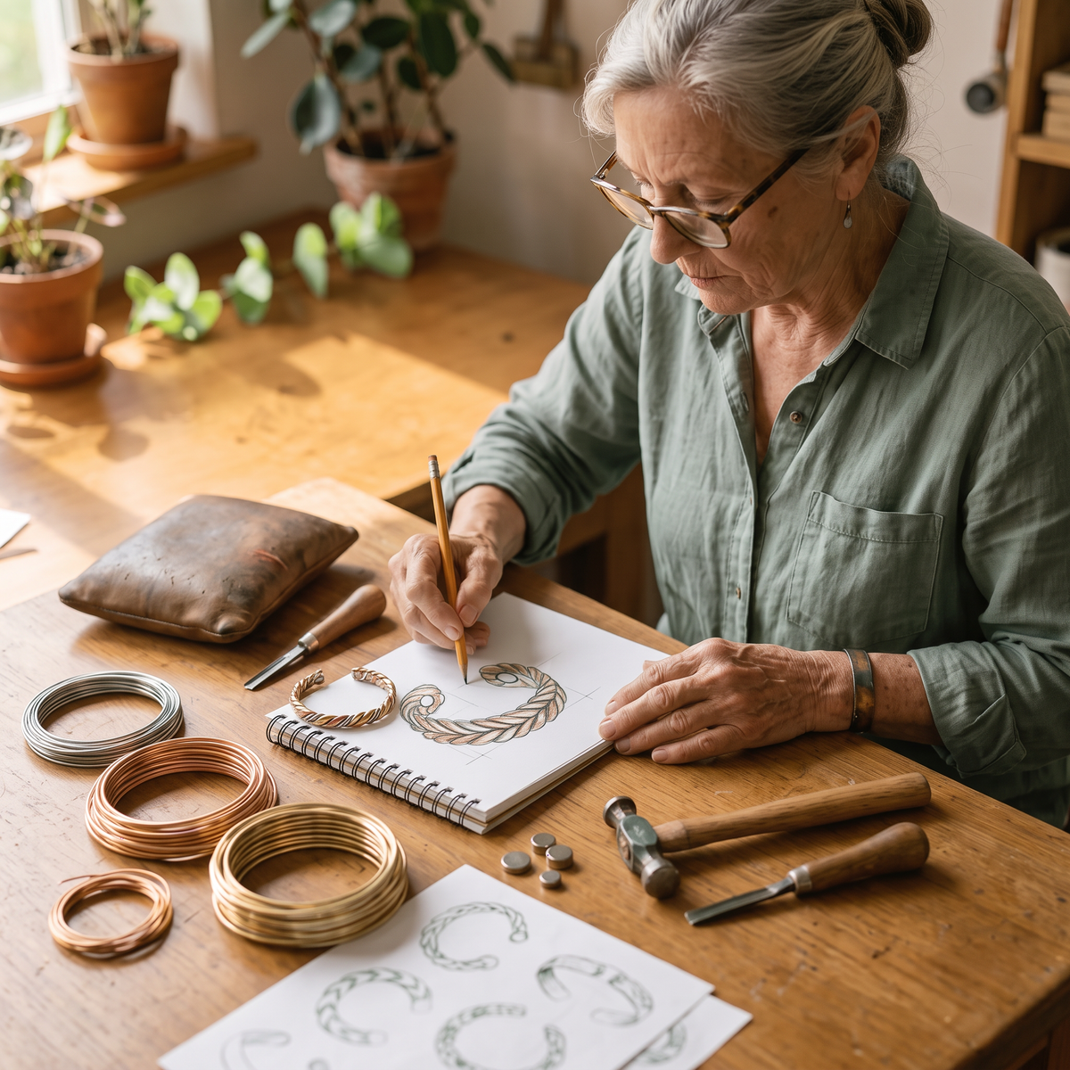 Ella sketching the Evora bracelet design