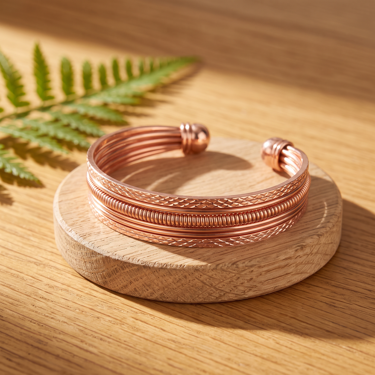 Ella's Ivory multi-strand copper cuff on a wooden disc