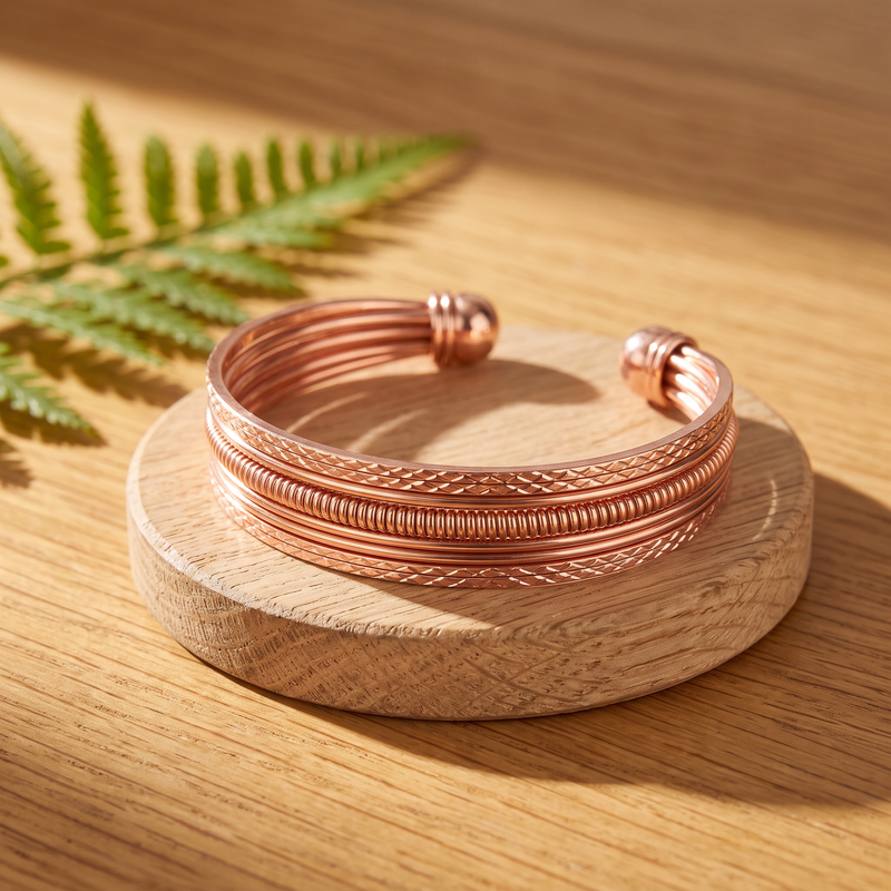 Ella's Ivory multi-strand copper cuff on a wooden disc