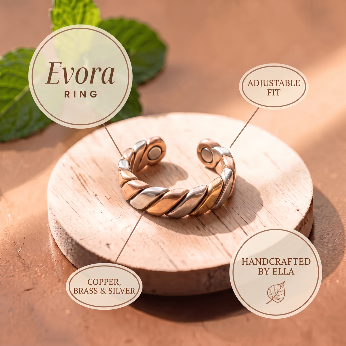 Evora ring features: adjustable fit, copper, brass & silver, handcrafted by Ella