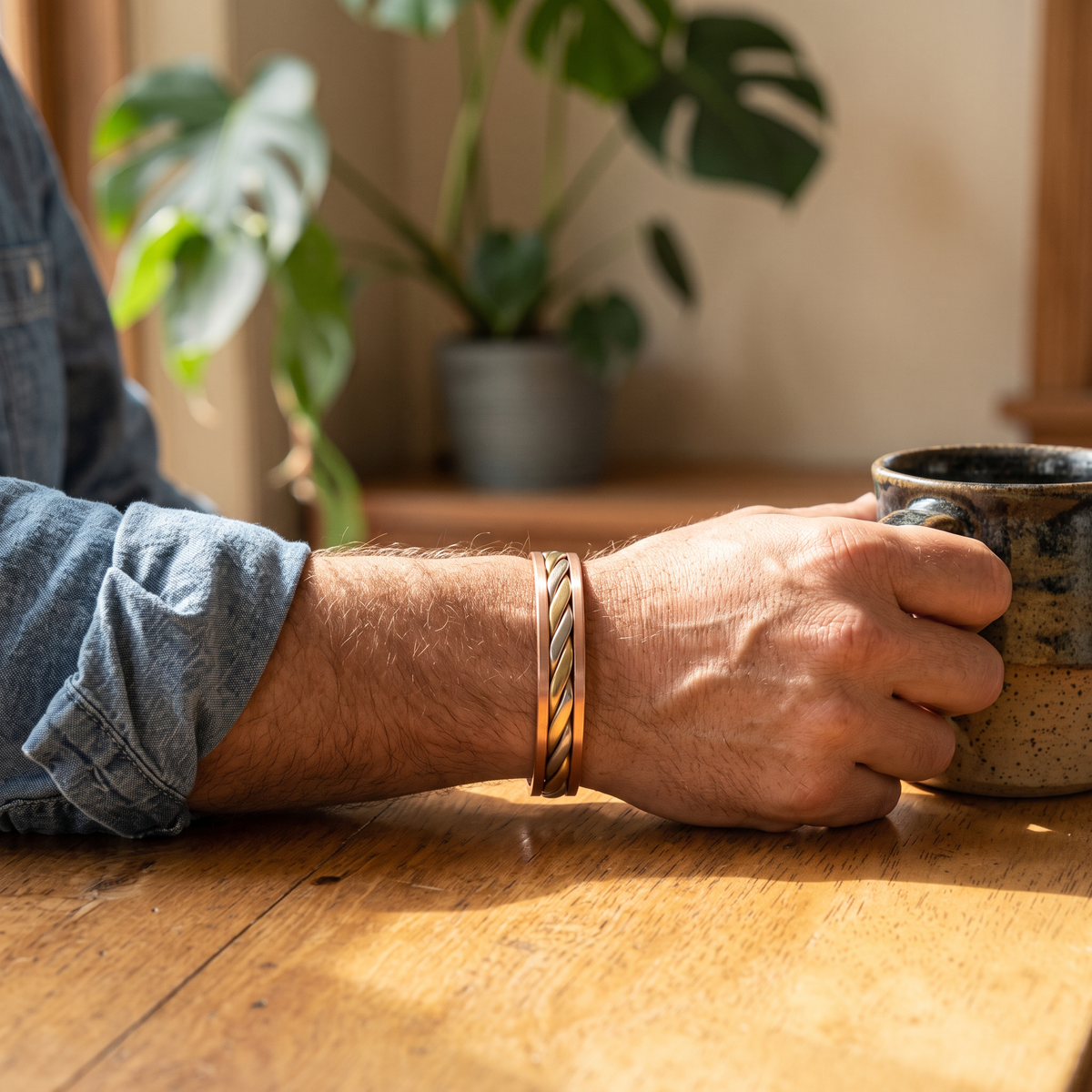 Amber copper cuff worn by a man