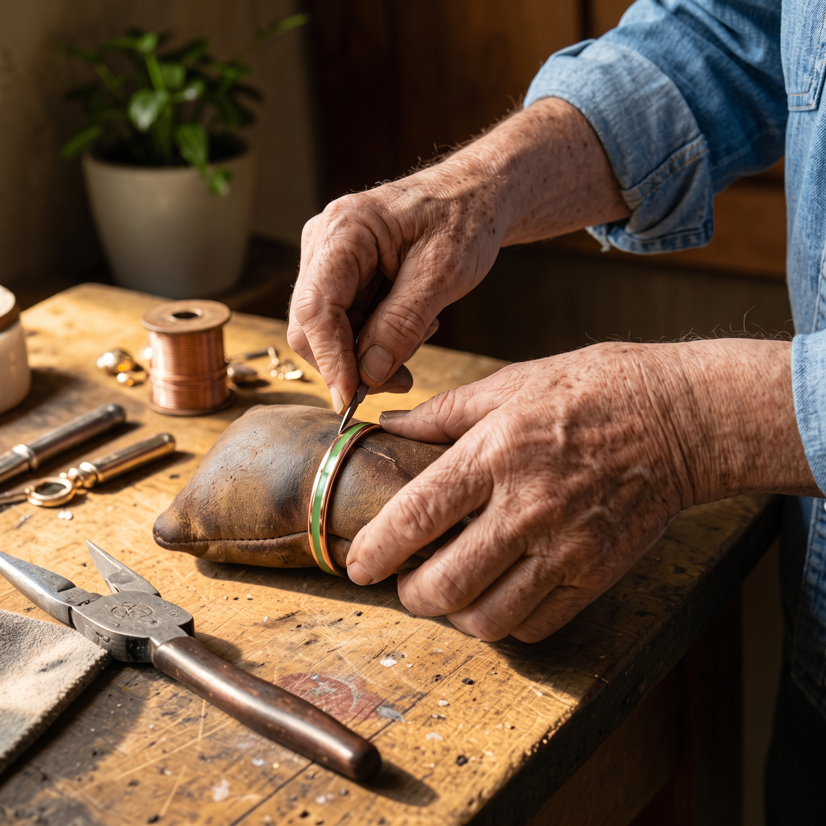 Glox bracelet being handcrafted at the workbench