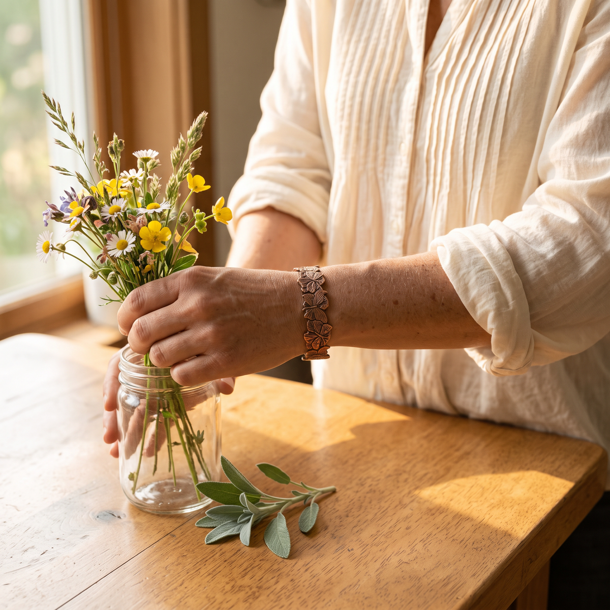 Butterfly copper cuff worn by a woman