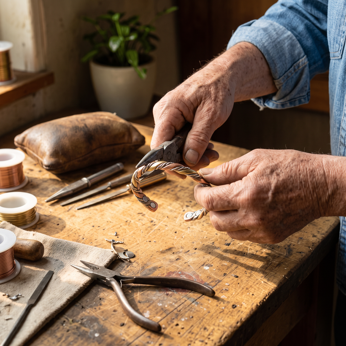 Evora bracelet being handcrafted at the workbench