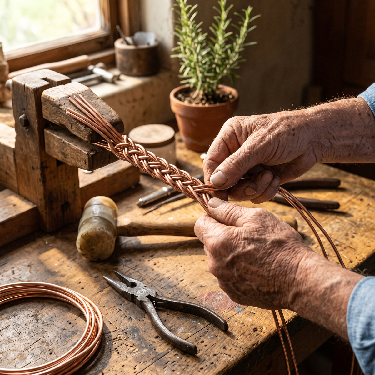 Clay copper cuff being hand-plaited