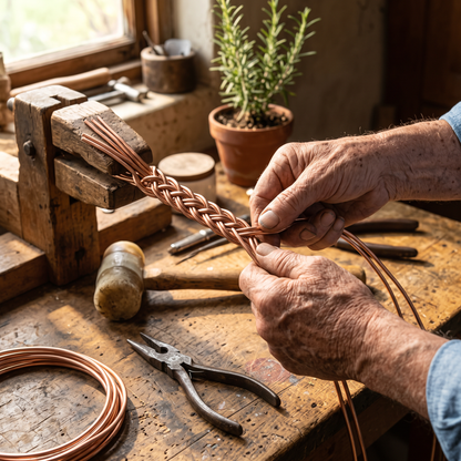Clay copper cuff being hand-plaited