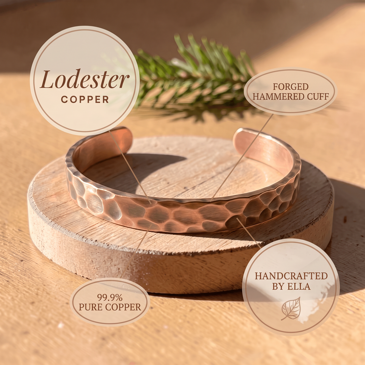 Lodester features: forged hammered cuff, 99.9% pure copper, handcrafted by Ella