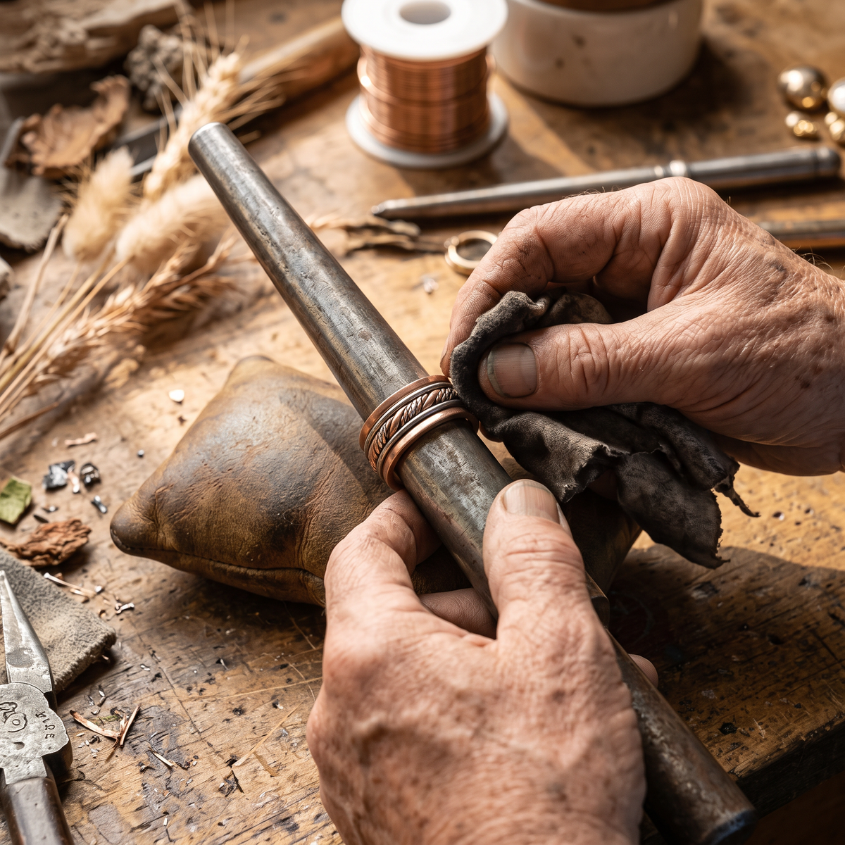 Vesper ring being polished by hand on a ring mandrel