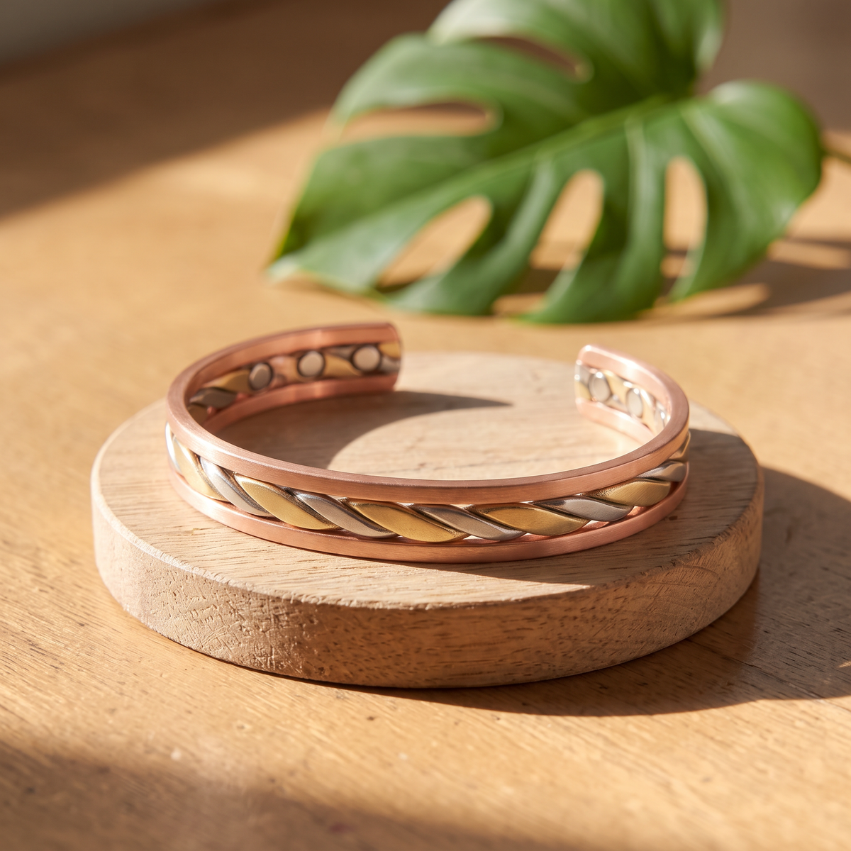 Ella's Amber copper cuff with twisted brass and silver centre on a wooden disc