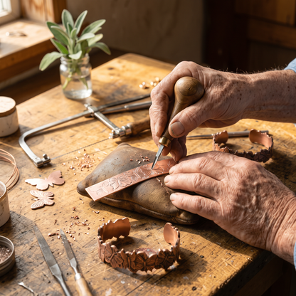 Butterfly copper cuff being hand-engraved
