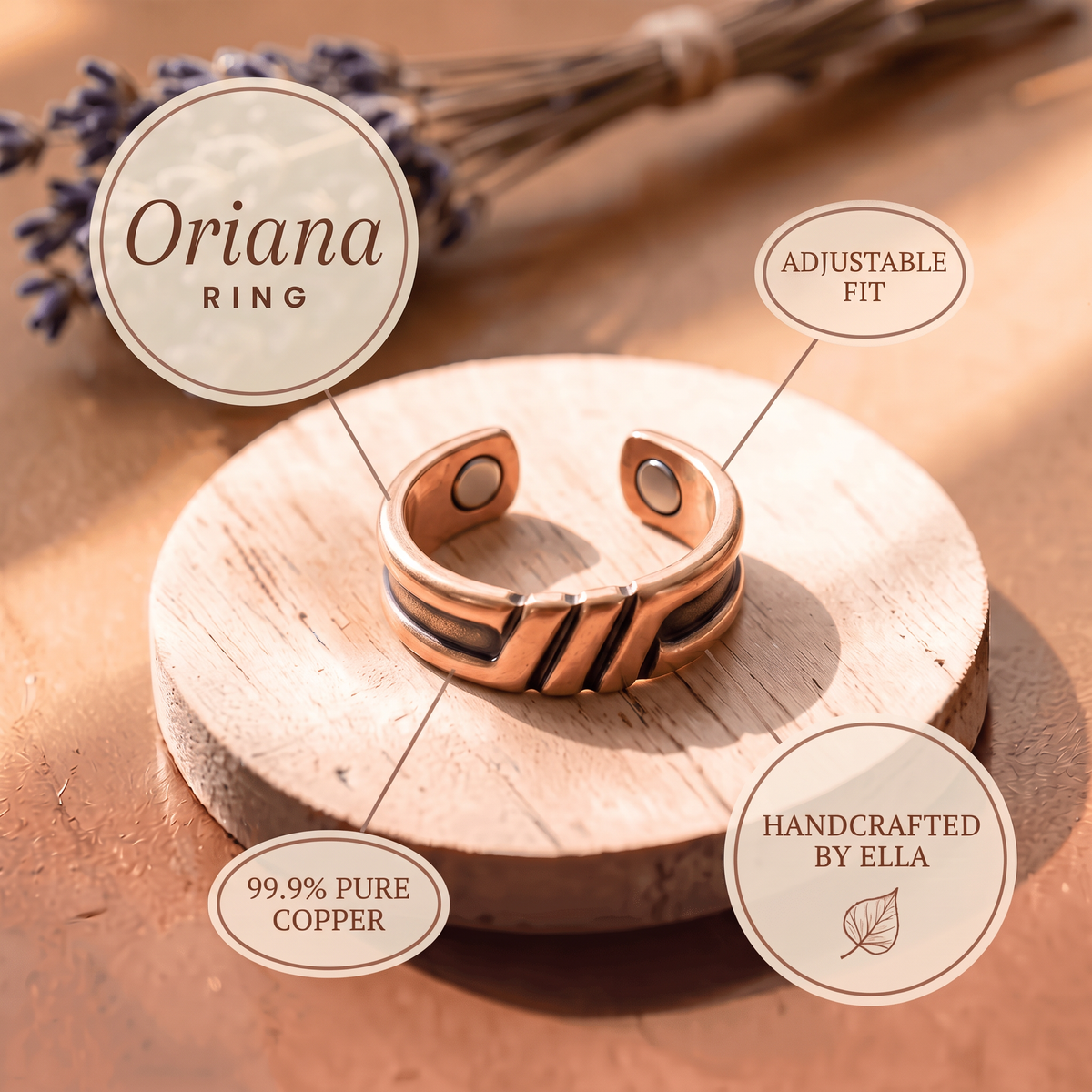 Oriana ring features: adjustable fit, 99.9% pure copper, handcrafted by Ella