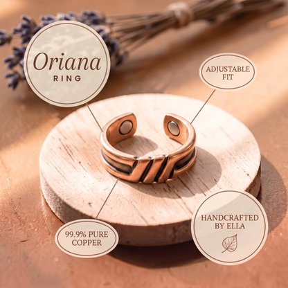 Oriana ring features: adjustable fit, 99.9% pure copper, handcrafted by Ella