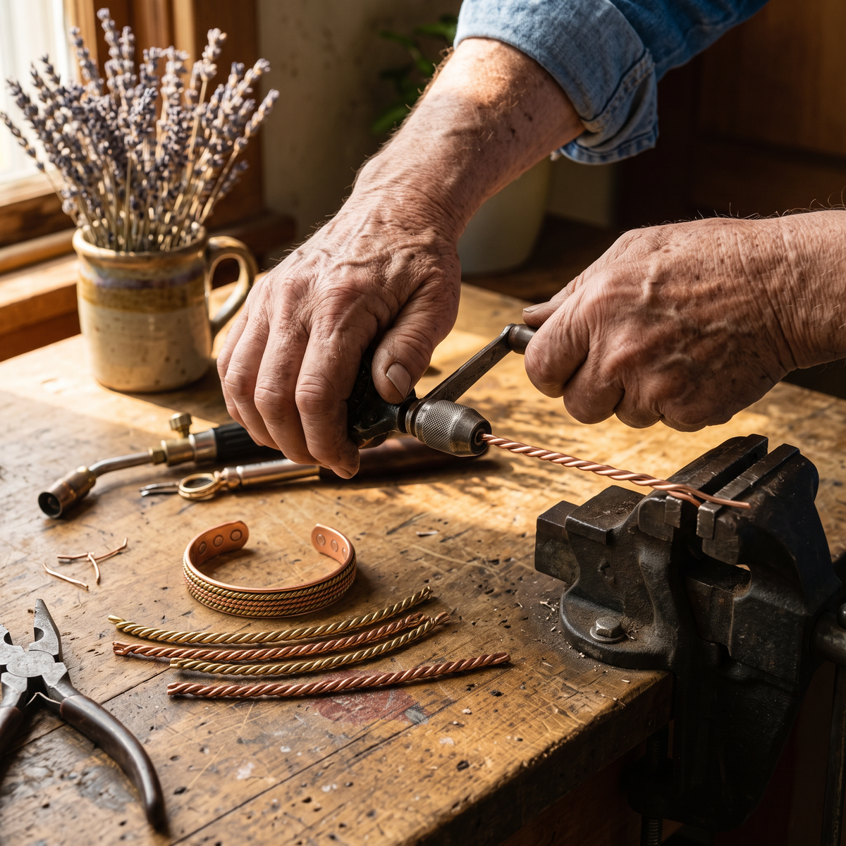 River cuff rope wires being hand-twisted