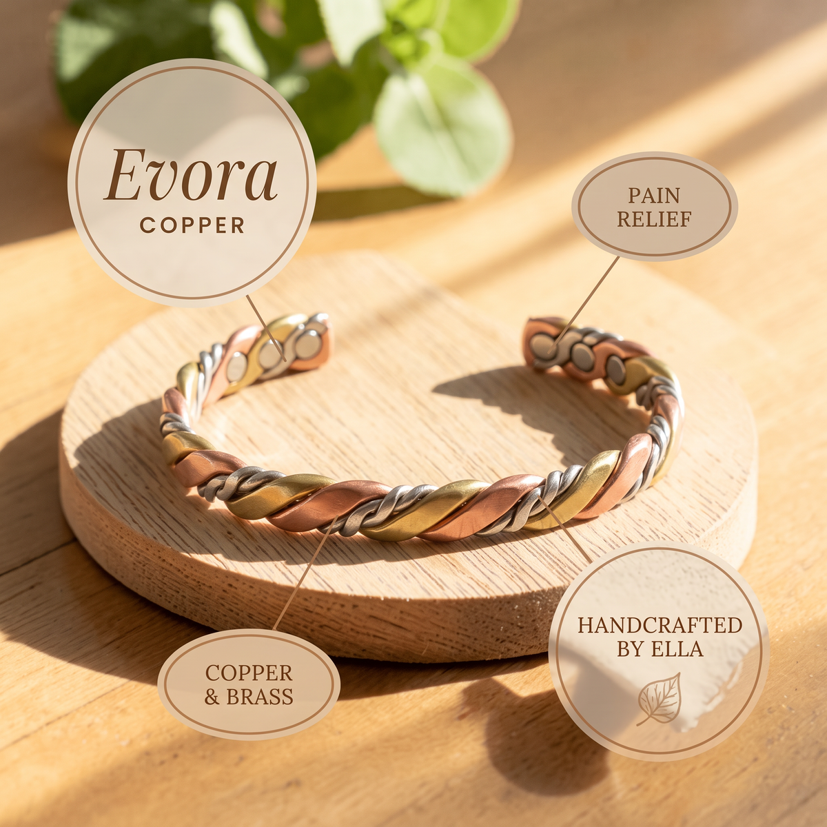 Evora bracelet features: pain relief, copper & brass, handcrafted by Ella