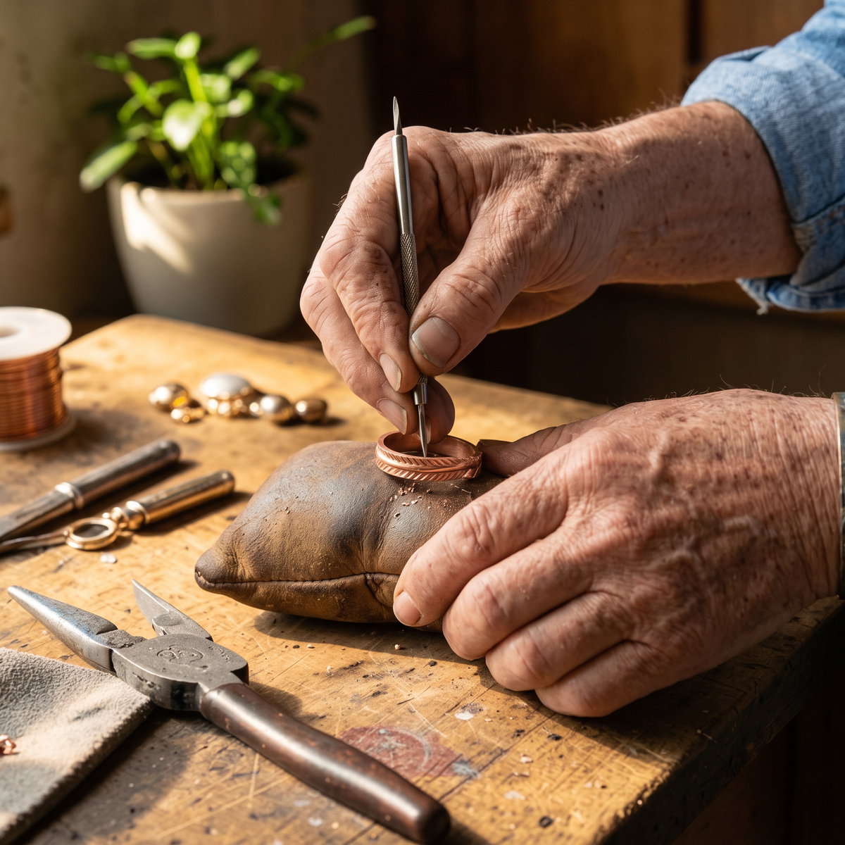 Feather copper ring being handcrafted