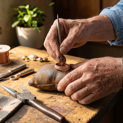 Feather copper ring being handcrafted