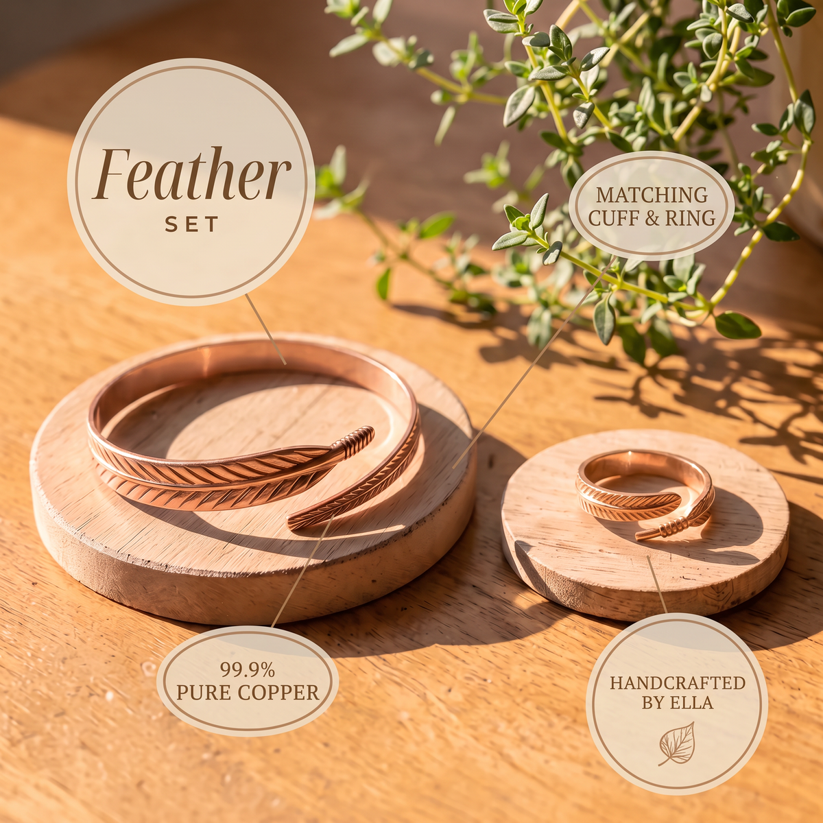 Ella's Feather Copper Set - matching cuff & ring, 99.9% pure copper