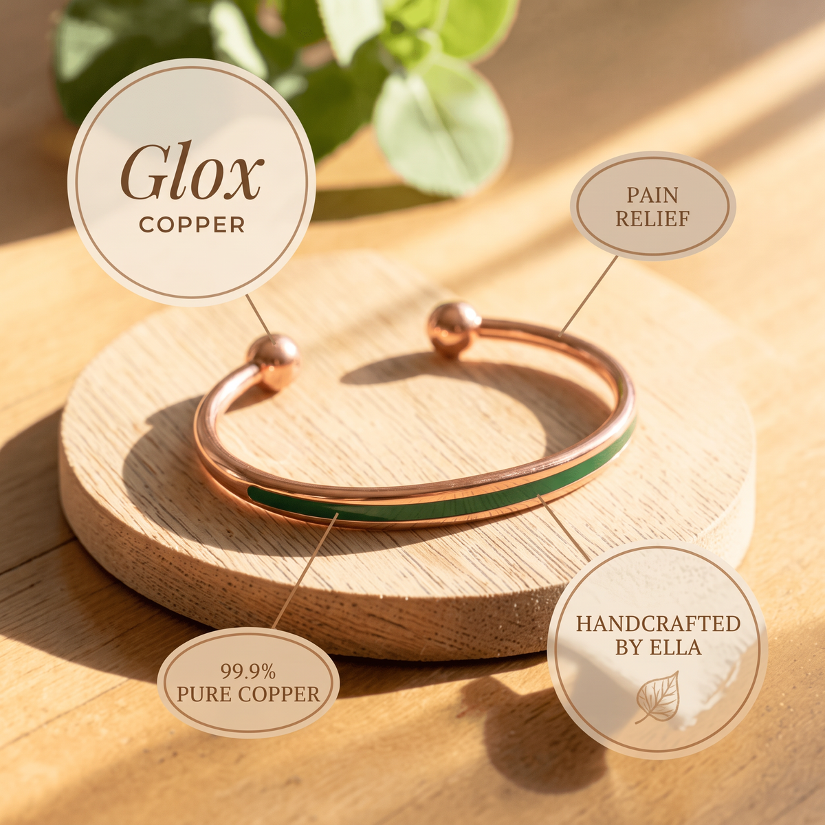 Glox bracelet features: pain relief, 99.9% pure copper, handcrafted by Ella