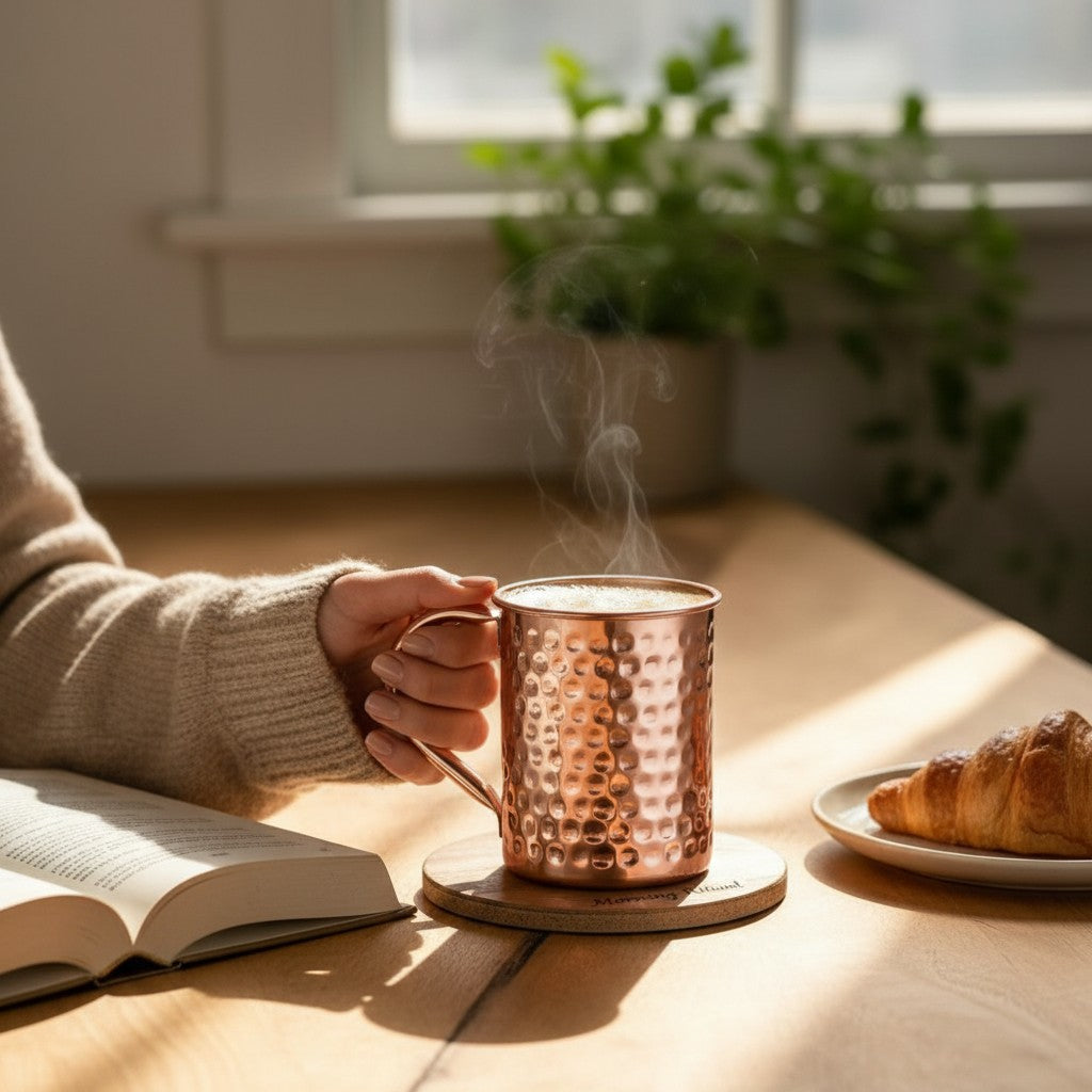 Ella's Copper 400ml gehamerde koperen mok met dampende drank, vastgehouden door een persoon bij een boek en croissant.