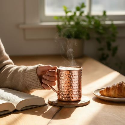 Ella's Copper 400ml gehamerde koperen mok met dampende drank, vastgehouden door een persoon bij een boek en croissant.