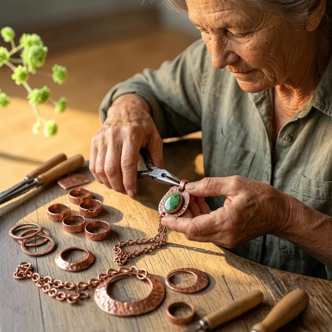 Ambachtsvrouw van Ella's Copper maakt handgemaakte koperen sieraden met turkoois aan een houten werkbank.
