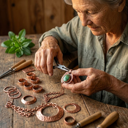 Een ambachtsvrouw van Ella's Copper bewerkt een koperen hanger met een groene steen aan een houten werktafel.