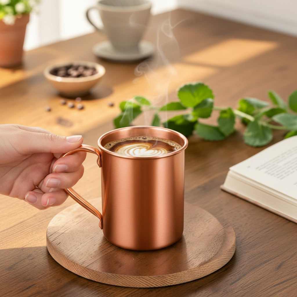 Ella's Copper 400ml koperen mok met dampende koffie vastgehouden door een hand op een houten tafel
