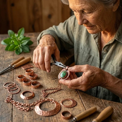 Ambachtsvrouw van Ella's Copper bewerkt een koperen hanger met turquoise steen aan een houten werkbank.