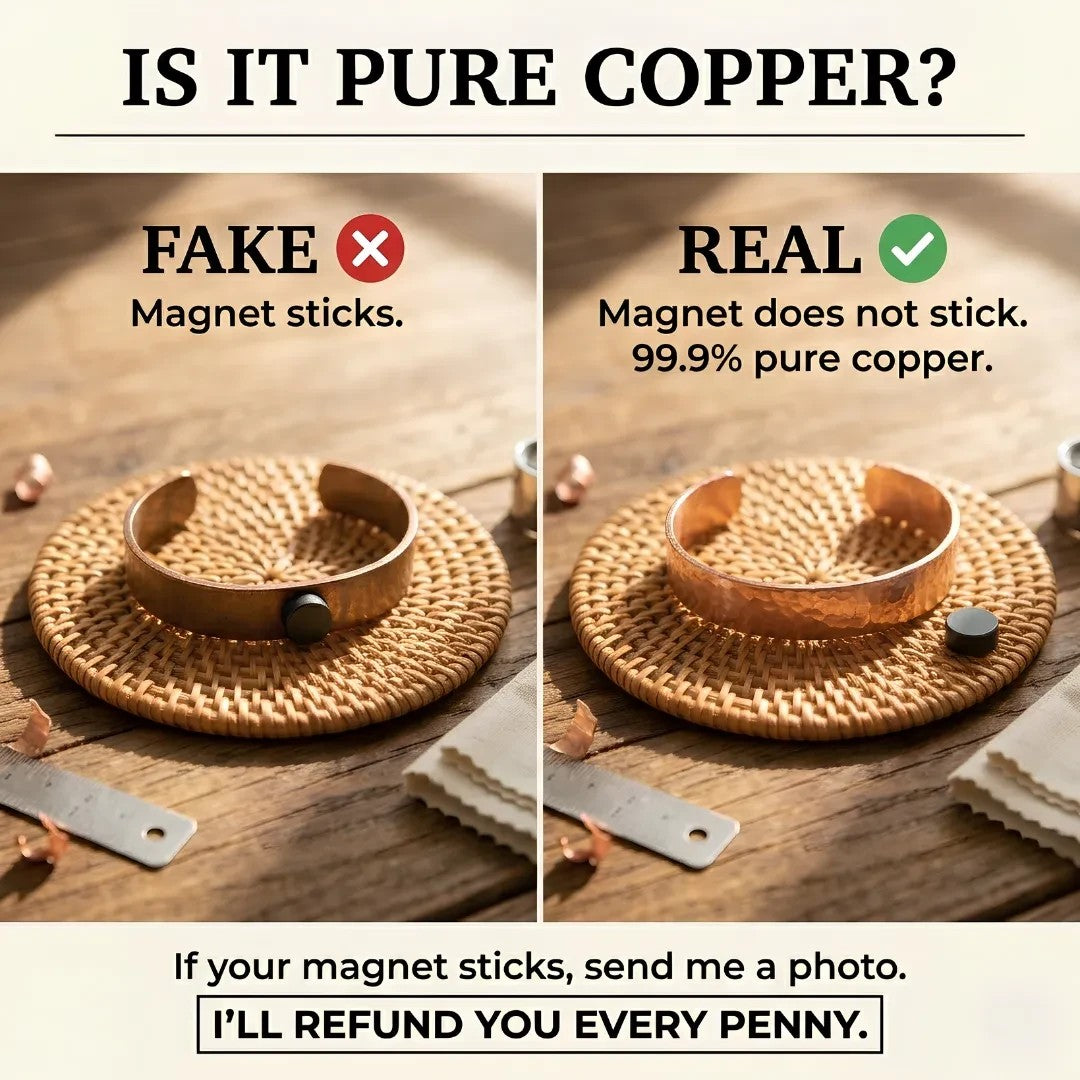 Ella's Copper prom armband toont een magneettest voor 99,9% puur koper op een houten ondergrond.