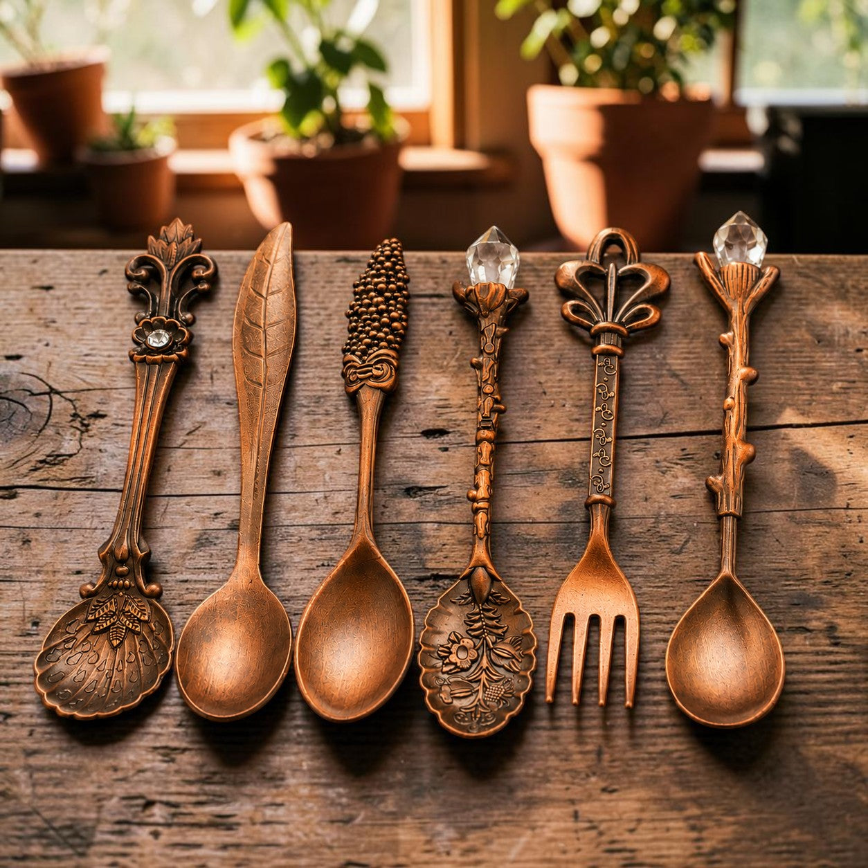 Ella's Copper bestekset met zes vintage lepels en vorken met gedetailleerde gravures en kristallen accenten op hout