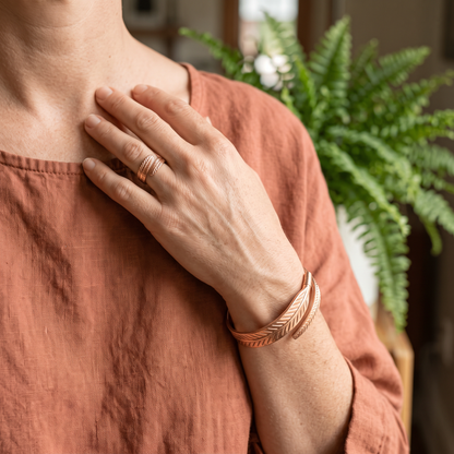 Ella's Feather Copper Set worn on wrist and finger