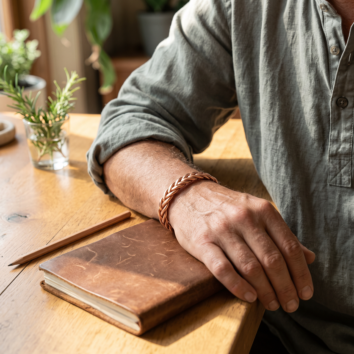 Clay copper cuff worn by a man